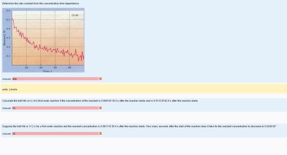 Image for Determine the rate constant from the concentration-time dependence. Calculate the half-life (in s) of a first-