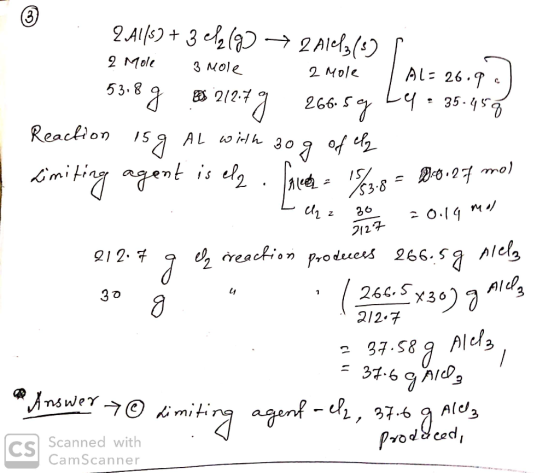 Lanzo 2 Alls) + 3 cl₂(g) → 2 Ale13 (3) f 2 Mole 3 Mole 2 mole | Al= 26.9. 53.8 g * 21279 266.59 L4 : 35.458 Reaction 15g Al w