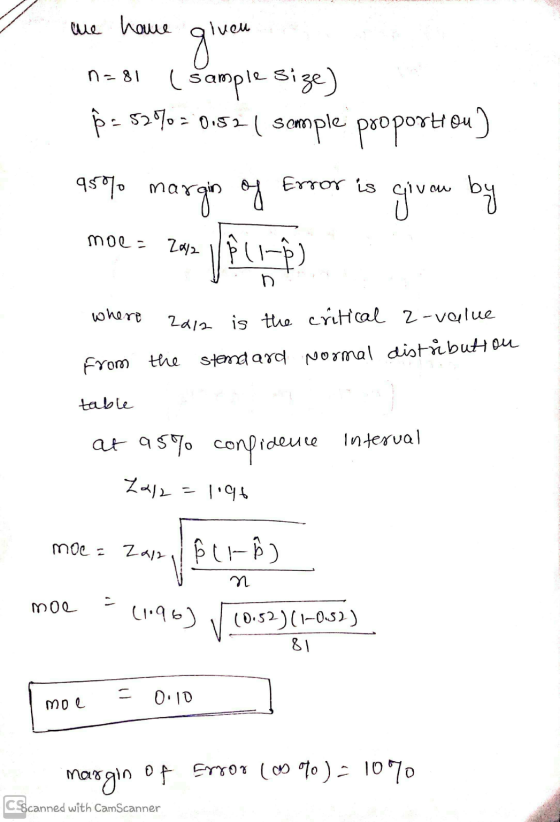 we have given n = 81 ( sample size) P = 52%= 0,52 | sample proportion) 95% margin of Error is given by mol = Zoyfu-) where 20