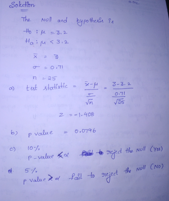 Solution hypothesis is The Noll and to M = 3,2 Haigu <3.2 a n test =0.71 - 25 statistic = a de-M - 3-3.2 0.71 25 z =-1.408 b)