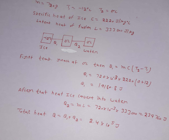 magog T = -12°c Ta=0°c Specific heat of Ice c=2220 Jligoc heat of fusion L=333 doo Jl kg Latent 172 ch 0°C OL Qq Ice water fi