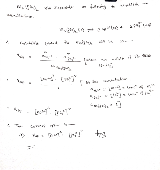Niz (PO4)₂ will dissociate as following to establish an equilibrium. 2 poÅ (as) Niz (P04), (5) = 3 Ni2+(aq) + product for dig