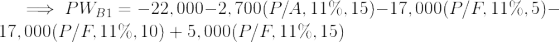 PWB1 = -22,000–2, 700(P/A, 11%,15)– 17,000(P/F,11%,5)– 17,000(P/F, 11%, 10) + 5,000(P/F, 11%, 15)