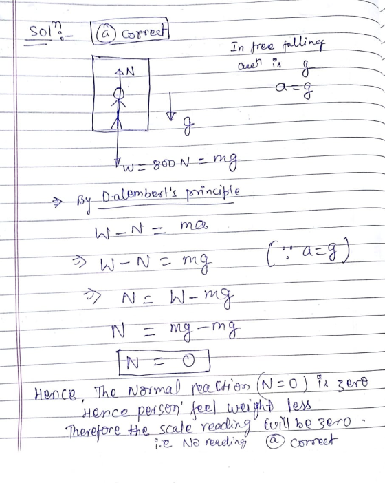sol_ @ correct In free falling Cuen is AN g a=g of Vw=800-N - ng D-alemberts principle - By ma W-N- » W-N=m ng [:azg - N= W-