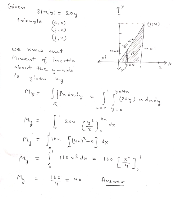 Given slmay) = 204 triangle (174) (0,0) Cinos (14) y=40 we Know x 1 that Moment of inestia about the given by t 2 . y-axis My