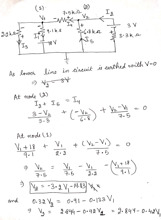 (4) (8) 7.5k2 Ig Vo V. Em 3 V golke 2.9 kez I Z-6.8ko Is 3.3 kr 78 V Iz As lower line in circuit is earthed with V=0 =) V - 3