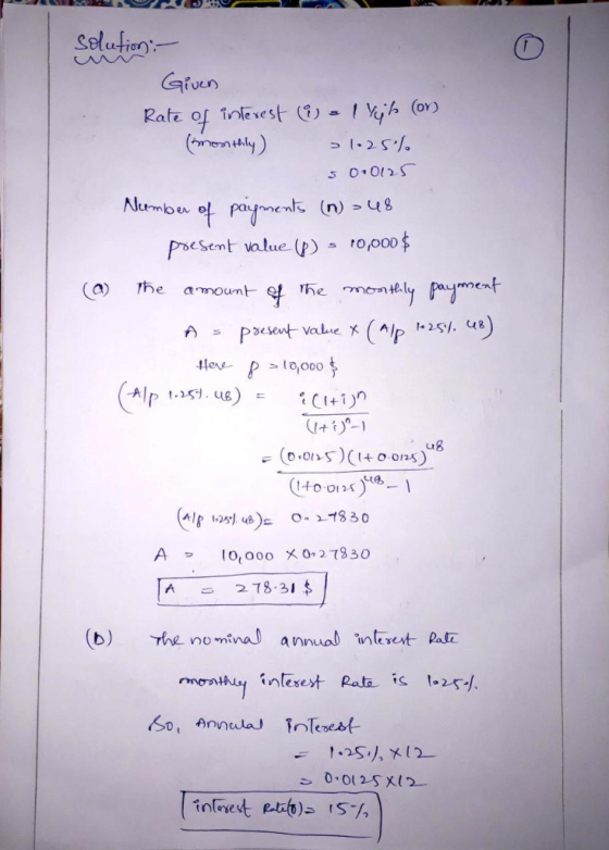 Solutien Given (DY) Rate of inlexest (mentaly) Iyh - 25/ Nlermoe of panes (n) > 49 poesent value (p) 0,00o $ mentlynet (*P Th