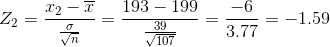 Z_{2}=\frac{x_{2}-\overline{x}}{\frac{\sigma}{\sqrt{n}} }=\frac{193-199}{\frac{39}{\sqrt{107 }}}=\frac{-6}{3.77}=-1.59