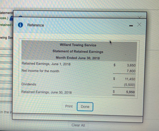 A Matement retained nces.) MA Reference wing Set L Willard Towing Service Statement of Retained Earnings Month Ended June 30,