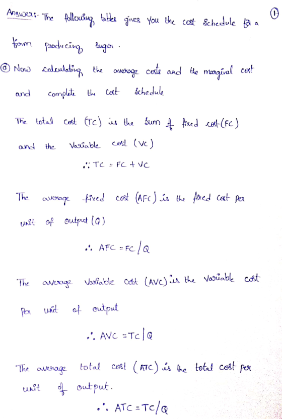 e Answer: The following tables gives you the cost Schedule tör a from producing sugar @ Now calculating the average center an