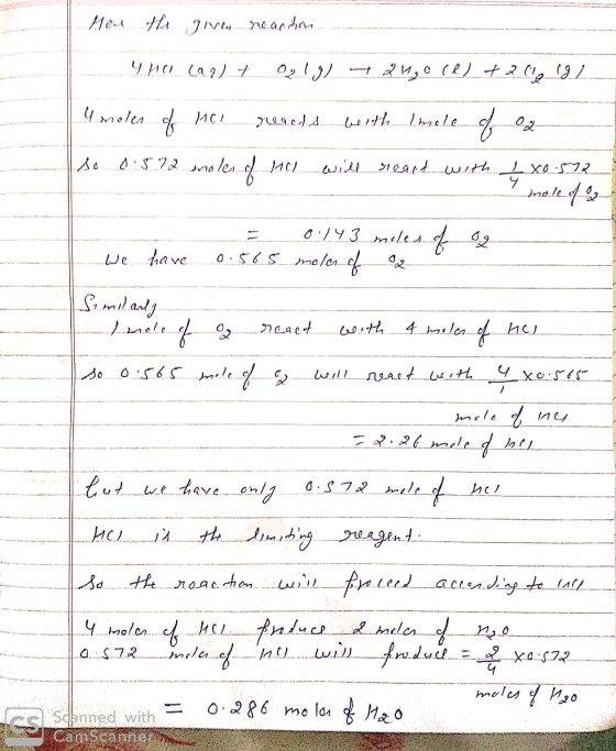 Hou the giren reaphon - The cast og lgl 210 (l) + 2 lg 191 U moles of her reads werth Imole of a so 0.572 moles of this will