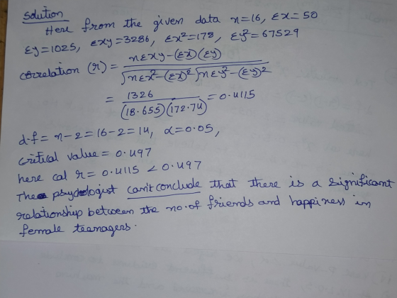 solution Here from the given data n=16, EX=50 Ey=1025, Ezly =3286, Ex2=178, EI=67529 correlation (r) = NEXY-EX (EY) neredeney