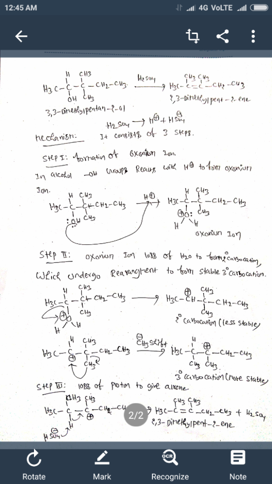 12:45 AM H CH3 hechanisn 6X.anîn Ln. Ion nent om stable 2 catocation C4t So Cu CH 2/2 e,3-Direkl Pent-2-ene. GUM OCR Mark Rot