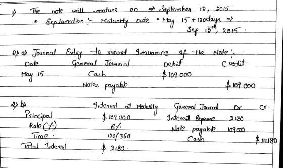 The - - note will Explanation mature on September 12, 2015 Maturdy Date e May 15 + 120days - Sep 18th, 2015 O gl Journal Da