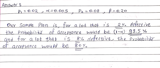Answer å P, = 0.02 , Q=0.005 , Pa = 0.08 , B=0.20 our sample Plan is, for a lot that is 2% defective the probabilită of accep