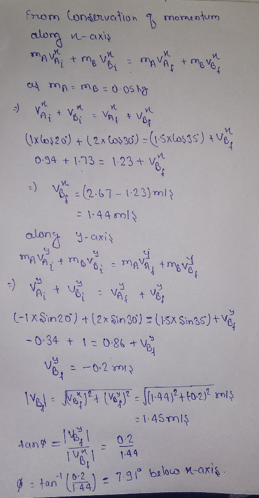 forom Conservation momentum along n-axiş %3D a mA= mB=0.0S kg (Ix lo520) + (2x Cos30) = (1 Sxlos3s) +! 0.94 + 1-73=123+ V V,