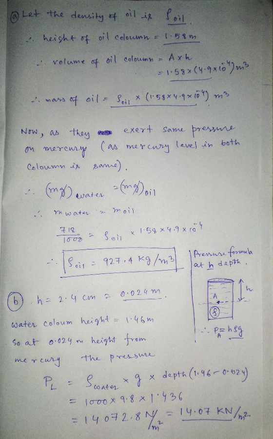 @ Let the density of oil is Poil height of oil coloumn - 1.58m. volume of oil coloumn - Axh = 1.58x (4.9x104) m3 mass of oil