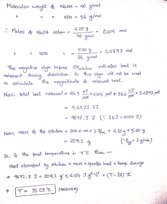 Moleculan weight d NaoH = 40 a/mo KOH56 g/mol 4.20 3 . Moles d NaoH taken 0.105 mol 40 mel 5.00 0.0893 mol КОН 56 amol indi
