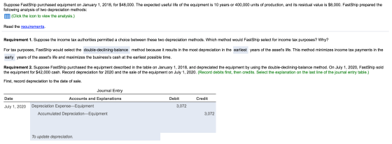 Suppose FastShip purchased equipment on January 1, 2018, for $48,000. The expected useful life of the equipment is 10 years o