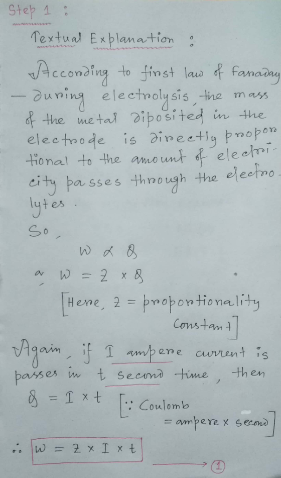 Step 1 Textual Explanation : According to finst law of Farraday - during electrolysis, the mass of the metal diposited in the