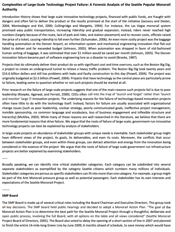 Complexities of Large-Scale Technology Project Failure: A Forensic Analysis of the Seattle Popular Monorail Authority Introdu