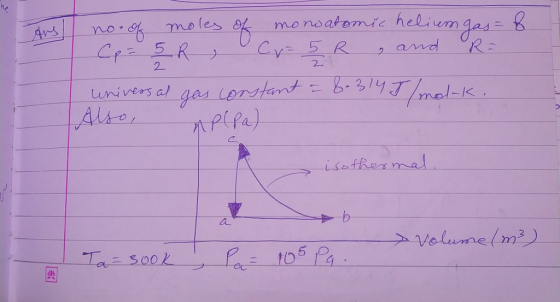 t he no. of moles of monoatomic helium gay = 8 Cp= 5 R Cu=5 R , and R= universal gas constant = 8.3145lmol-k. Also, AP(pa) is