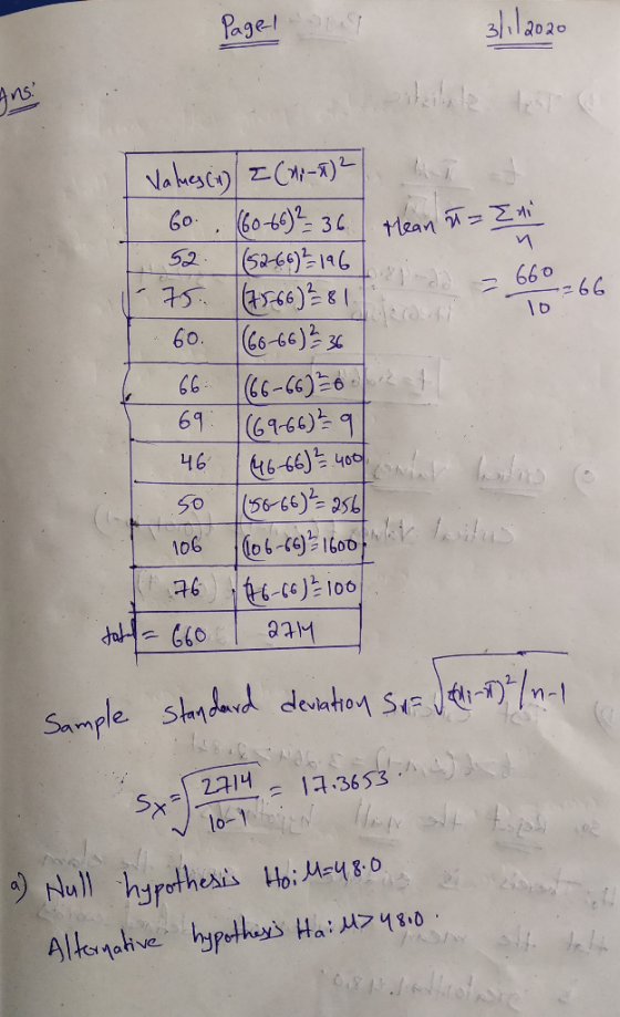 Page! sllazo le test Ins! Mean T = Eni n dd - 660266 10 Values(x) = (2-7) 2 6o (60-66)2 = 36 52 (52-66) 196 75. (7566) ² 8 1