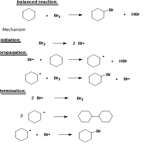 balanced reaction: Mechanism initiation: Brą - 2 Br- propagation: Br- Brno + O. Her HBr Br + Br- termination: 2 Br- Brz