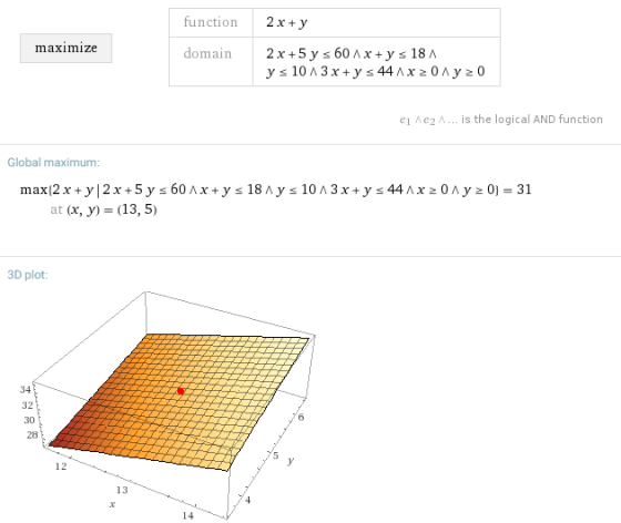 function2x+y maximize domain 2x+5ys6° ^ x + y s 18^ e1 лег л is the logical AND function Global maximum: at , y)-(13, 5) 3D p