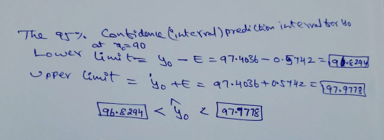 Confidence Cinternal) prediction interrel for yo The q5% at =90 Lower limite yo-t=97.4036 -0.8742=196.8294) upper limit = yo