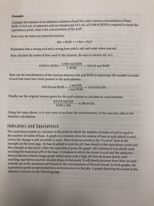 Example: Consider the titration of an unknown solution of acid HA with a known concentration of base BOH. If 20.0 mL of unkno