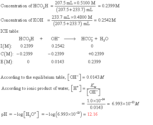 207.5 mLx0.5100 M Concentration of HCO, H = - = 0.2399M (207.5+233.7) mL 233.7 mL X0.4800 M . Concentration of KOH = - = 0.25