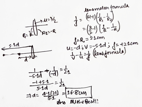 > M=/ tensmaler formula * = (414,- 62) at & RU RE-R s.id u=-d; V=59d; f=.421ems J= R = 22cm traz lens formula -1 +5.1 = 1/2