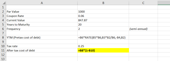 1000 0.06 847.87 20 (semi-annual) 2 Par Value 3 Coupon Rate 4. Current Value 5 Years to Maturity 6 Frequency 7 8 YTM (Pretax