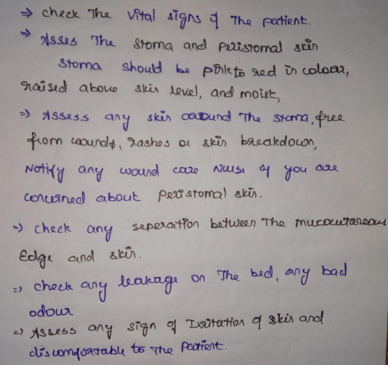 check The Vital signs 4 The pertient. As The Stoma and Pelistomal stin Stoma should be ple to sed coloa, stein level, and moi