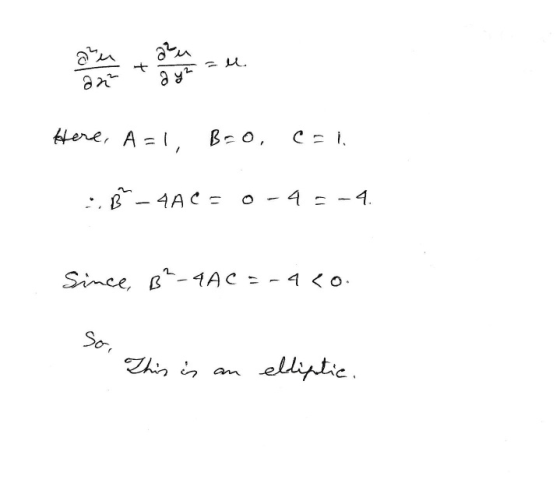 azu = u 22 ayn Here, A=1, Boo, B-4ACE 0-4 2-4 Since, BP-4AC =-9 <0. Soi This is an elliptic.
