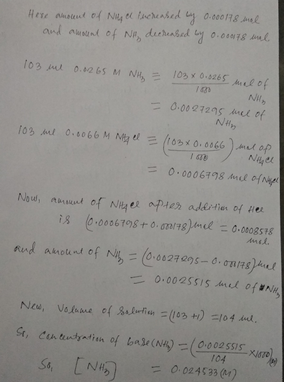Here amount of NHA ce increased by 0.000178 mal and amount of NH₃ decreased by 0.000178 mol 103 ml 0.02.65 M NH = 103 x 0.026