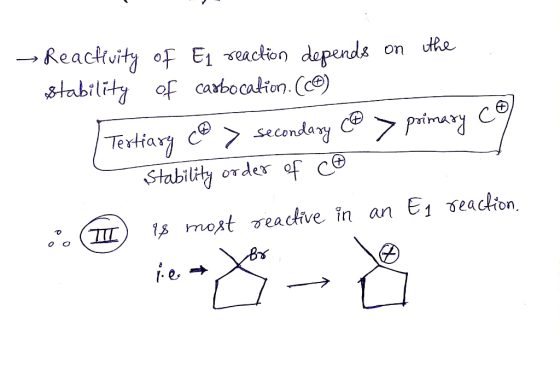 → Reactivity of El reaction depends on the stability of carbocation. (c) Tertiary (@> secondary (@> primary co stability orde