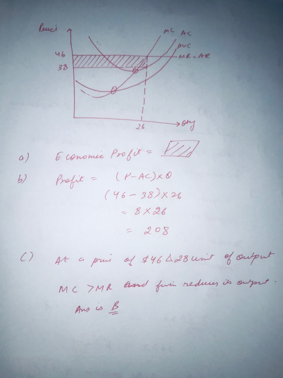 benci MC AC ANC -MR-AR 26ory b) Economic Profit = Profit = (P-AC) x (46-38)×26 = 8 x 26 = 208 - At a prue of $46428 unit of o