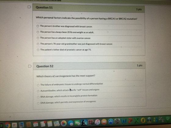 D Question 51 1 pts Which personal factors indicate the possibility of a person having a BRCA1 or BRCA2 mutation? The person