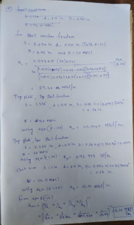 for cast trom, D=0,15 m E = T4.6 Mosi for Steel washer frustum: t = 0.095 in. d 0.531 in (Table A-32). and E=30 Mpsi 0.5474 (