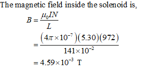 The magnetic field inside the solenoid is, 4Tx10) (5.30)(972) 141 x10 = 4.598 10-3 T