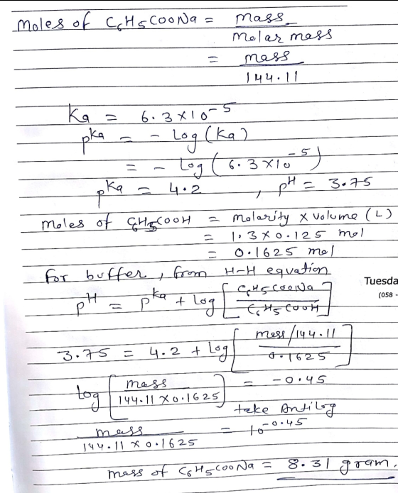 moles of CGH scooNa = mass. Melar mess ness 144:11 = = 6.3x10-5 (مط) وما -حمام Tuesda - tog (6.3x10 st pka = 4.2 pH = 3.75 Mo