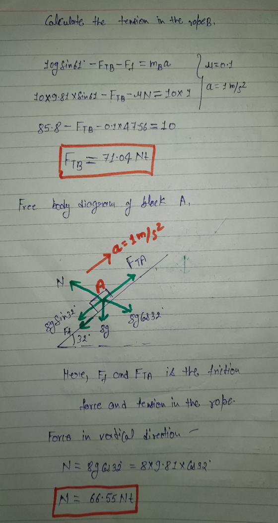 Colculate the tension in the rope B. Yog sinfi - FTB-Ff = mga M=0.1 a = 1 m/s2 10x9.81 X Sin61 - FTA-MN = 10x 1 85.8 - Fte-01