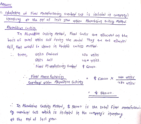 Answer 1. Gylylation of Fixed Manufacturing overhead Coit is included in companys inventory at the end of 1951 year under Ab
