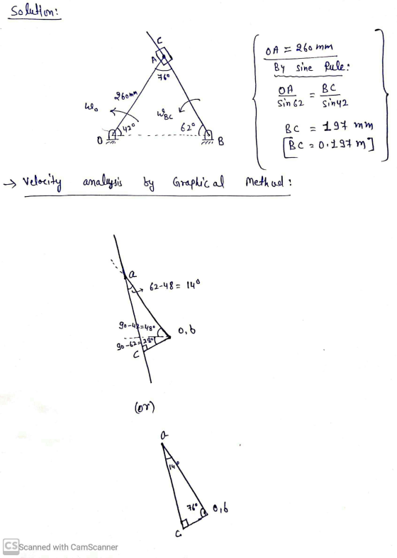 solution: O A = 260 mm By sine Rule: OA 960mm Вс sinya hla sin 62 WBC 620 0 19420 Вс 197 mm (BC 20.197 m B → velocity analysi