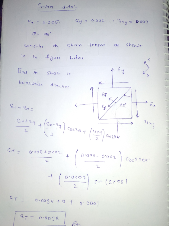 Given data- Ex=0.005 cay = 0.002 Ury = .0002 O: 45 strain tensor as shown consider in the the figure below. find the Strain i