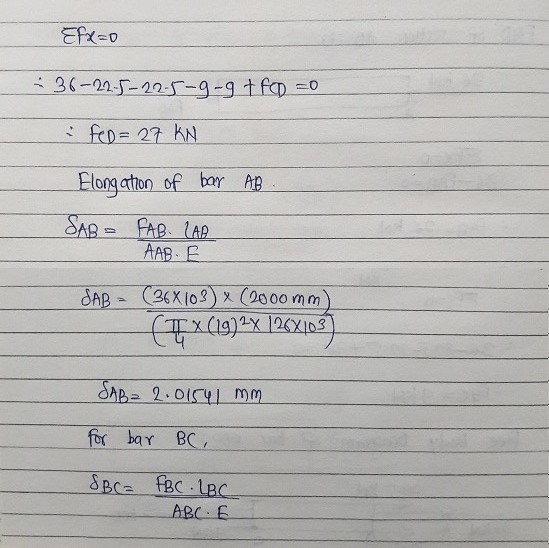 Efx=0 -36-225-225-9-9 + fcd = -0 i fen=27 KN Elongation of bar AB SAB = FAB. LAR AAB. E SAB - (36X103) (2000 mm) Tx (1972x 12