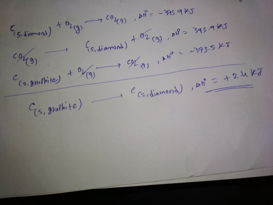 (s, diamond tong 029) , AH = -395.965 como Es, diamond) + 02 (9) oth = 395.9 kg is, graphite) + V , AH = ~393.5 KI Es, graphi