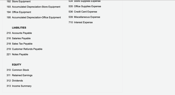 192 Store Equipment 534 Store Supplies Expense 193 Accumulated Depreciation-Store Equipment 535 Office Supplies Expense 194 O